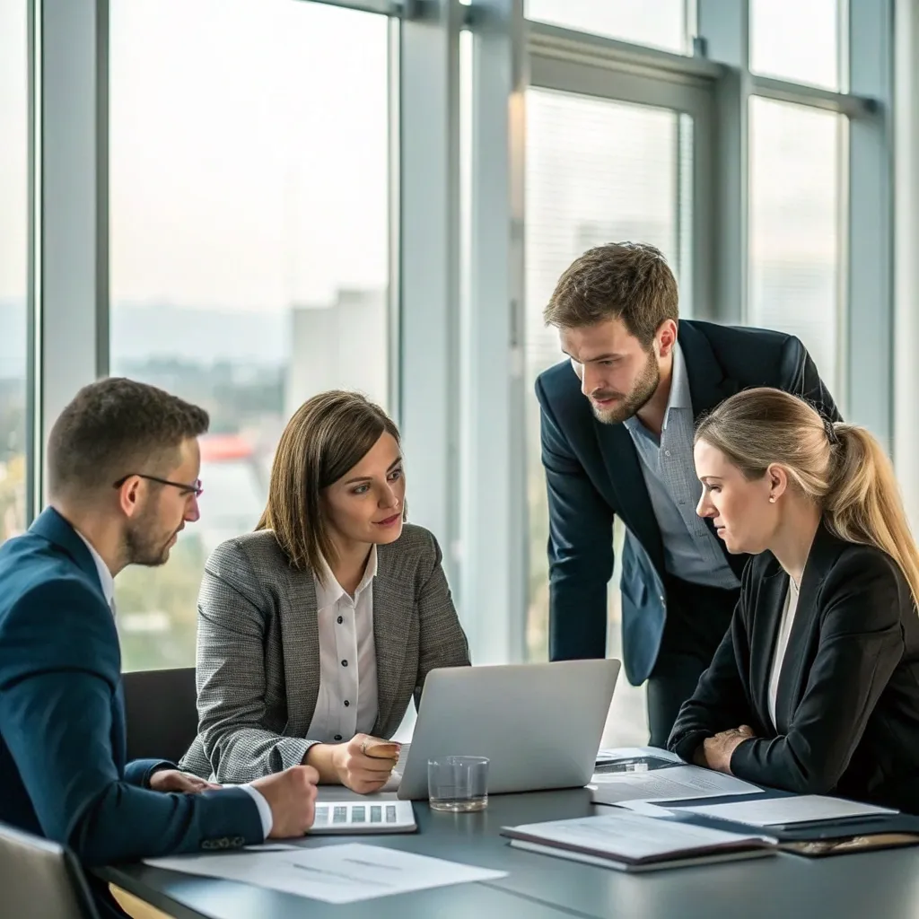 Professional team in office discussing business strategy