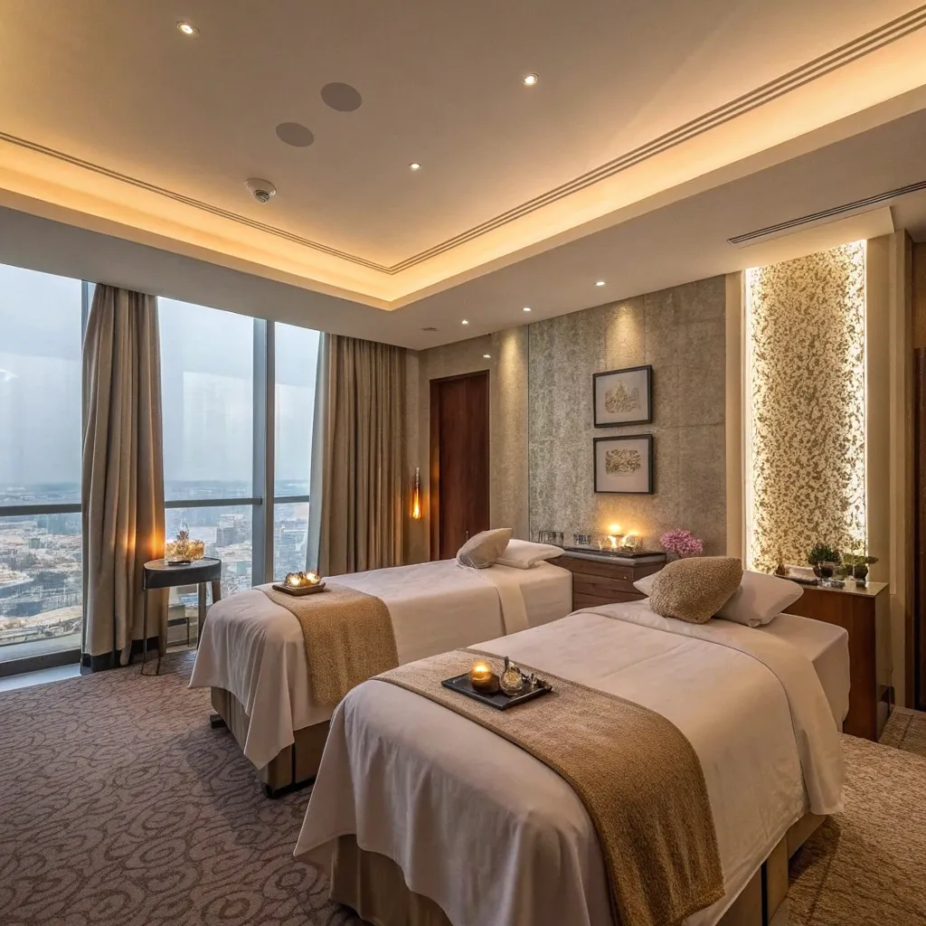 Luxurious massage room with calming decor